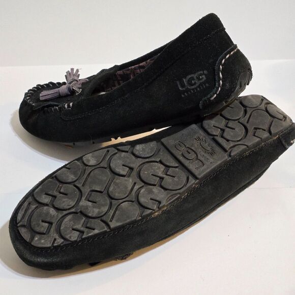 UGG Womens Lizzy Moccasin 8 / 39 Black Suede Leather Tassels Slippers #1005475 - Picture 5 of 6